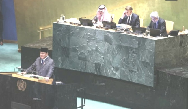 Prabowo dalam pidatonya di High-level International Conference on the Peaceful Settlement of the Question of Palestine and the Implementation of Two-State Solution di Markas Besar Perserikatan Bangsa-Bangsa (PBB), New York. [Instagram]